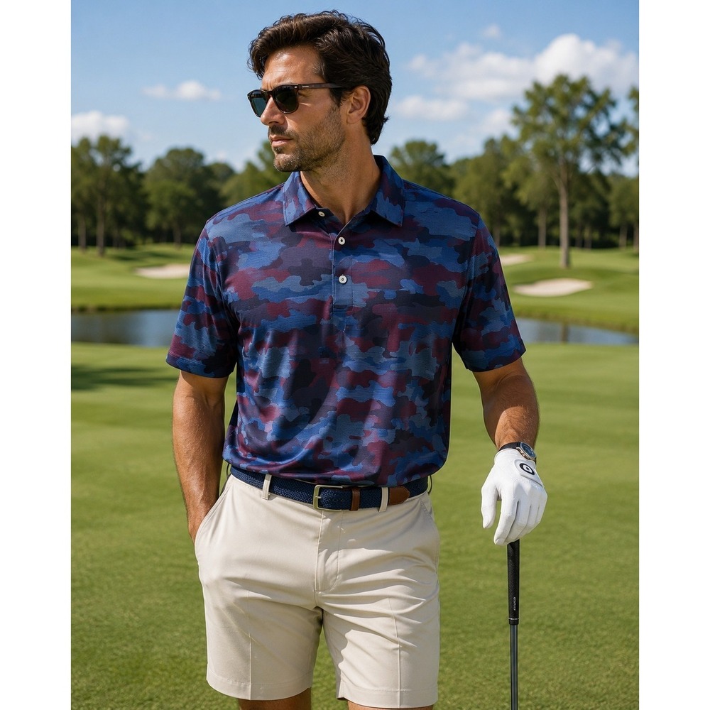 Peter Millar Summer Comfort Red Blue Camo Golfing Athleisure Polo XL* See Flaw
